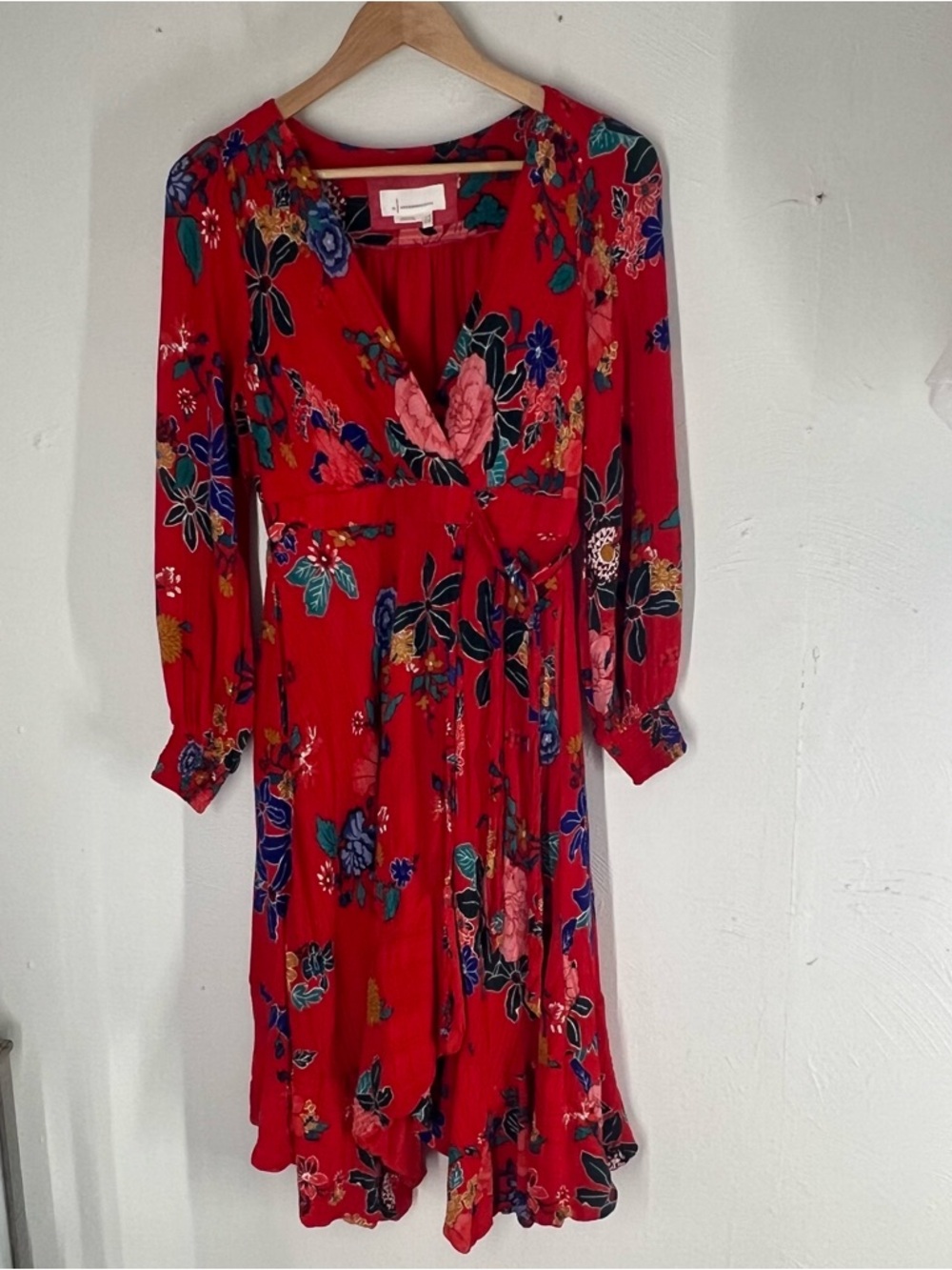 Anthropologie Boswell Red Floral Faux Wrap Dress
